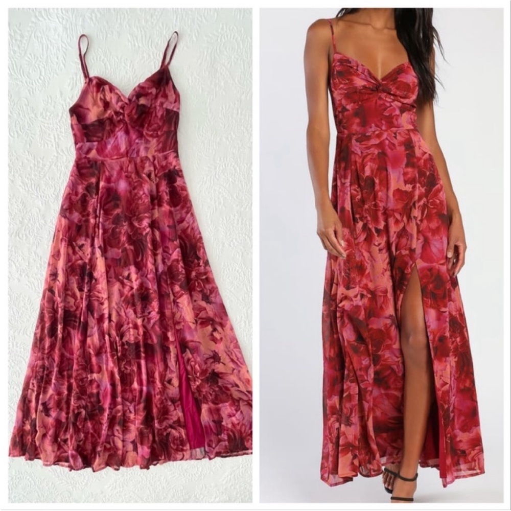 NWOT Lulus Beautiful Soul Burgundy Floral Print Twist-Front Maxi Dress Medium